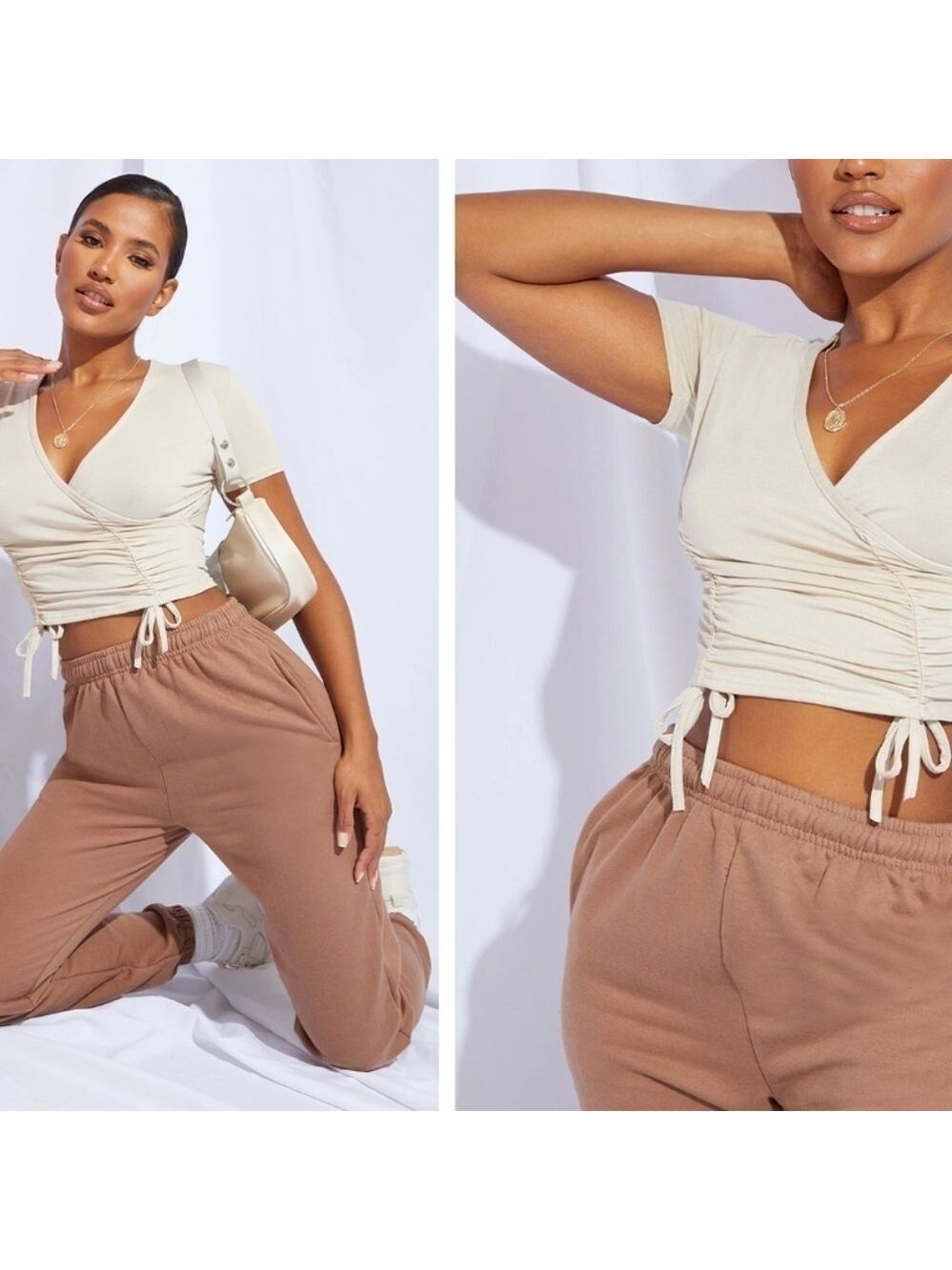 PrettyLittleThing Ruched Wrap Crop Top Cream NWT